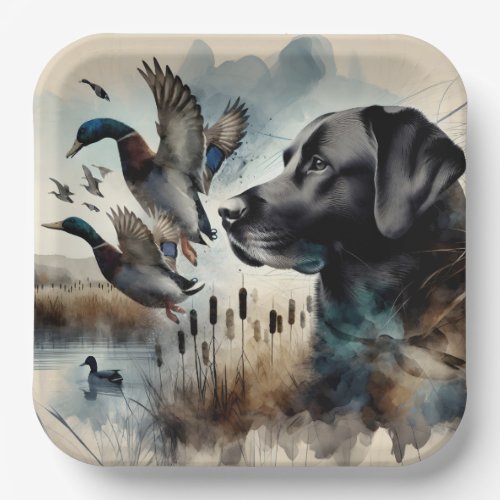 Watercolor Black Labrador And Ducks Paper Plates