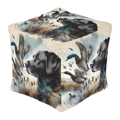 Watercolor Black Labrador And Ducks Pouf