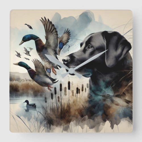 Watercolor Black Labrador And Ducks Square Wall Clock