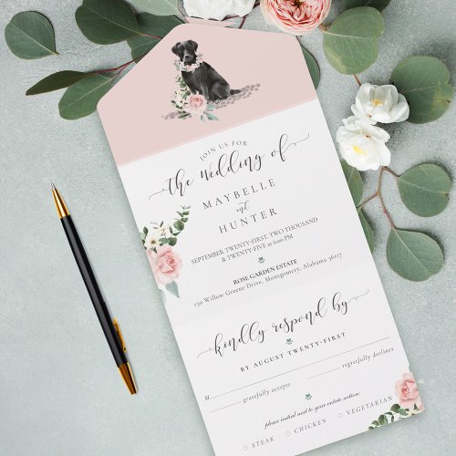 Watercolor Black Labrador Dog  Floral Pink Rose All In One Invitation