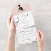 Watercolor Black Labrador Dog & Floral Pink Rose All In One Invitation (Tearaway)