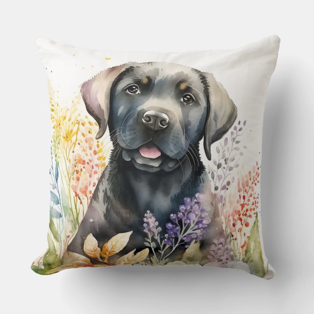 Watercolor Black Labrador Retriever and Flowers Throw Pillow (Front)