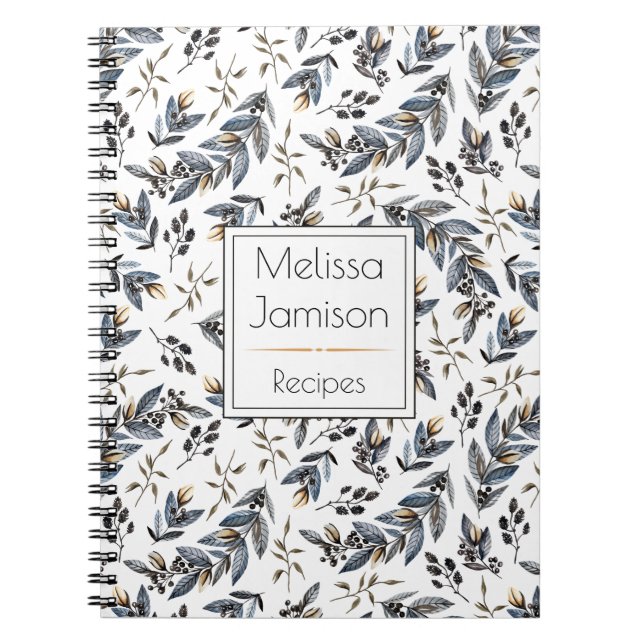 Watercolor Black Leaves Berries Monogram Recipe | Notebook (Front)