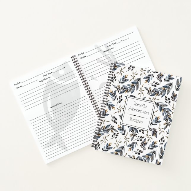Watercolor Black Leaves Berries Monogram Recipe | Notebook (Inside)