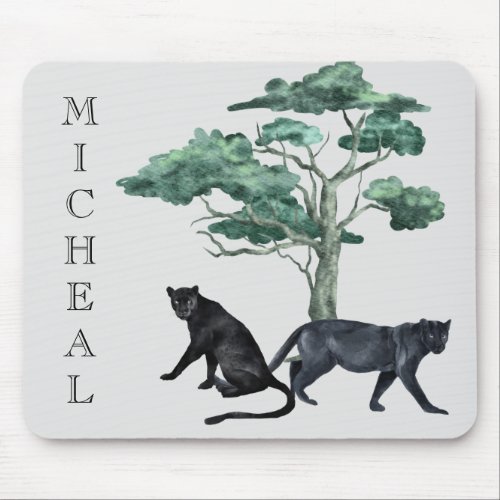Watercolor Black Leopard Big Cat Personalized name Mouse Pad