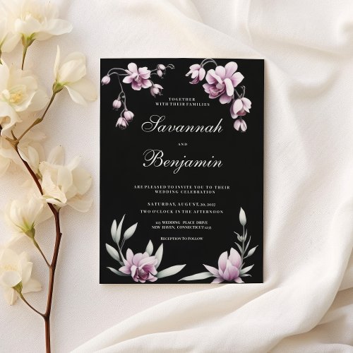 Watercolor black lilac pink orchid floral wedding  invitation