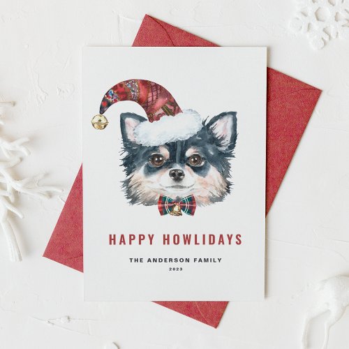 Watercolor Black Long Hair Chihuahua Dog Christmas Holiday Card