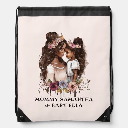 Watercolor Black Mom and Daughter 1 Drawstring Bag