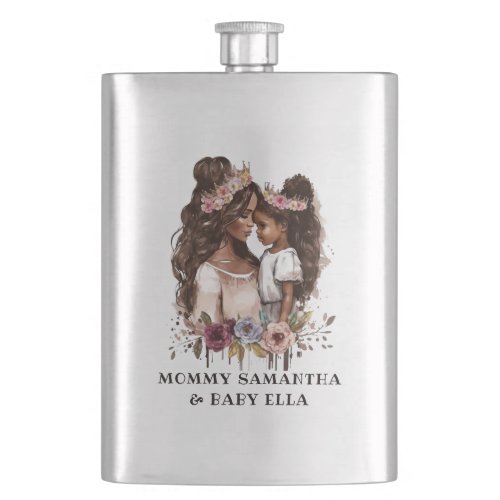 Watercolor Black Mom and Daughter 1 Flask