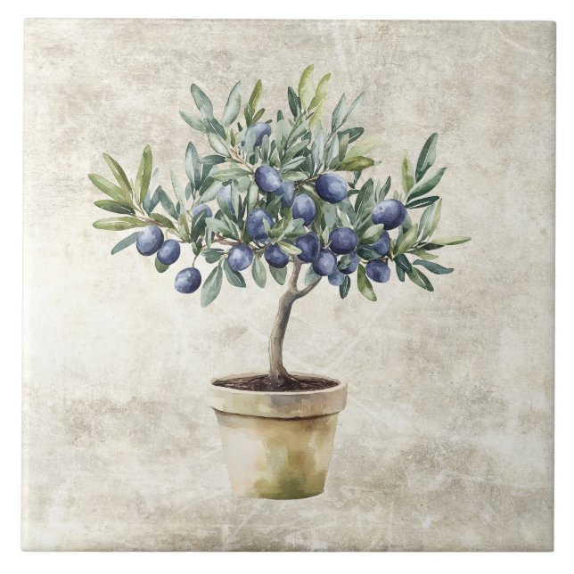 Watercolor Black Olives in Pot Faux Texture  Ceramic Tile (Front)