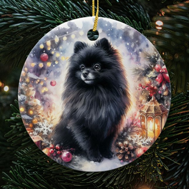 Watercolor Black Pomeranian Festive Christmas Ceramic Ornament (Creator Uploaded)
