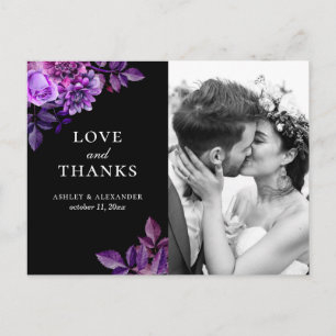 Watercolor black & purple floral wedding thank you postcard
