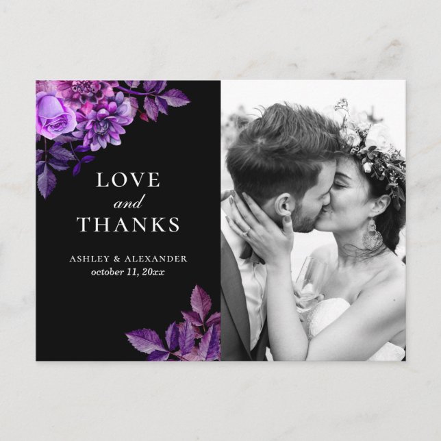 Watercolor black & purple floral wedding thank you postcard (Front)