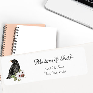 Watercolor Black Raven Elegant Bird Nature Script Label