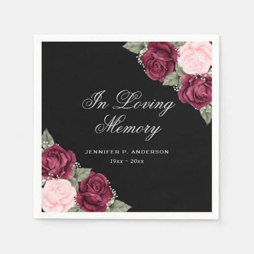 Watercolor Black Red Pink Floral Funeral Memorial Napkins