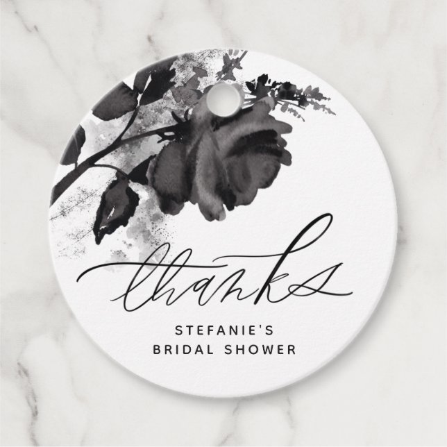 Watercolor Black Rose Bridal Shower Thank You Favor Tags (Front)