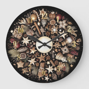 Watercolor Black Rustic Christmas Motifs Holiday Large Clock