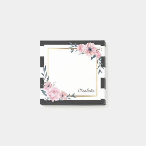 Watercolor Black Stripes Pink Floral Custom Name Post_it Notes