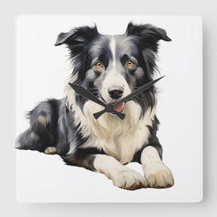 WATERCOLOR BLACK & WHITE BORDER COLLIE DOG SQUARE WALL CLOCK