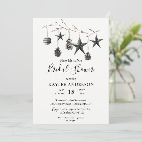 Watercolor Black White Christmas Bridal Shower Invitation