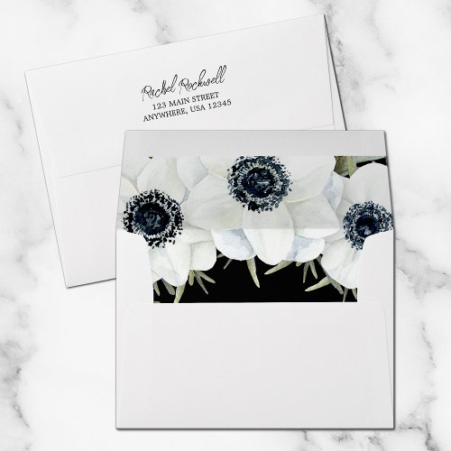 Watercolor Black White Floral Lined Envelope