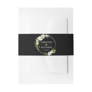 Watercolor Black & White Floral Wreath WEDDING Invitation Belly Band