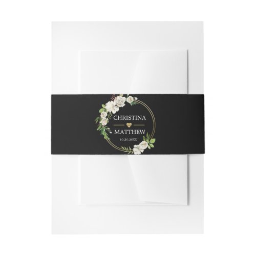 Watercolor Black  White Floral Wreath WEDDING Invitation Belly Band