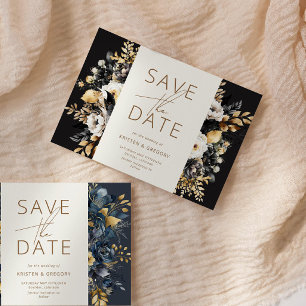 Watercolor Black White Gold Floral Save The Date Invitation