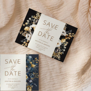 Watercolor Black White Gold Floral Save The Date Invitation