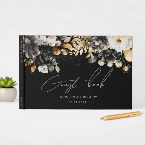 Watercolor Black White Gold Floral Wedding Guest Book