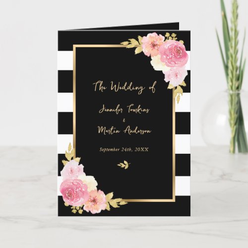 Watercolor Black White Gold Pink Floral Wedding Program