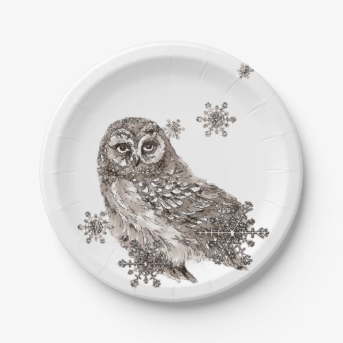 Watercolor Black  White Owl Bird Snowflakes Paper Plates