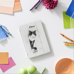 Watercolor Black & White Peeking Cat Art iPad Mini Cover