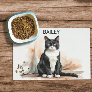 Watercolor Black & White Tuxedo Cat Food Mat