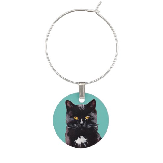 Watercolor Black White Tuxedo Cat On Light Teal Wine Charm