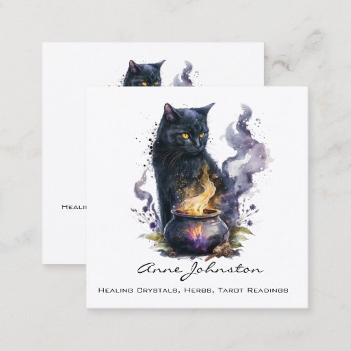 Watercolor Black Witches Cat Square Business Card