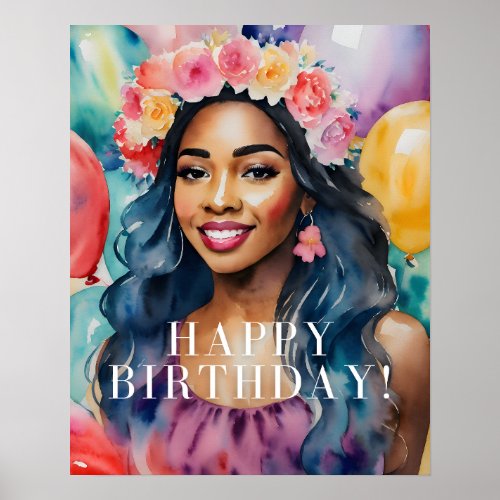 Watercolor Black Woman Colorful Happy Birthday Poster