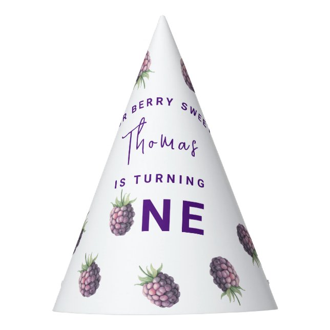 Watercolor blackberries 1st birthday party party hat (Front)