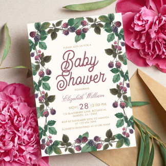 Watercolor Blackberries Girl Baby Shower Invitation