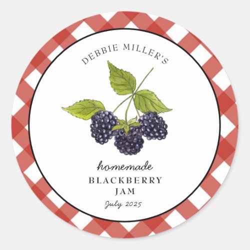 Watercolor Blackberry Jam Gingham Jar  Classic Round Sticker