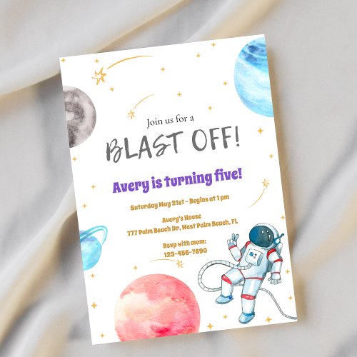 Watercolor Blast off Space Theme Birthday  Invitation