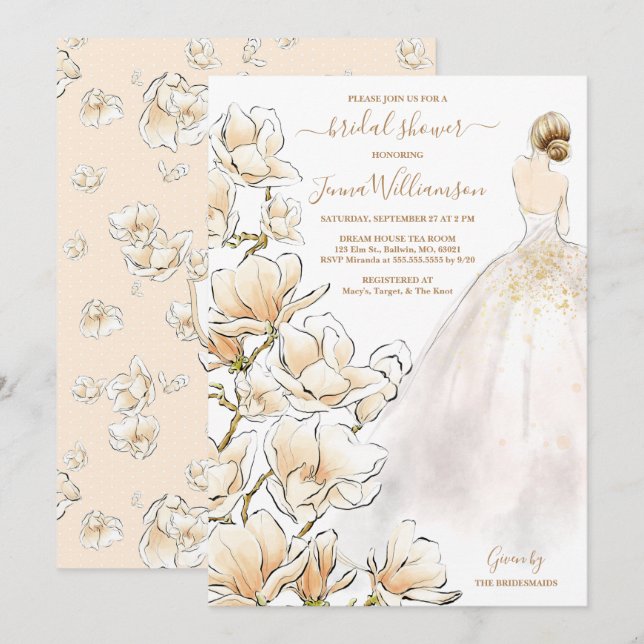 Watercolor Blonde Bride Magnolia Bridal Shower Invitation (Front/Back)