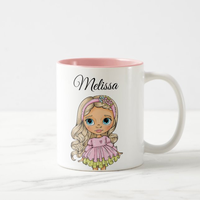 Watercolor Blonde Girl Any Name Two-Tone Coffee Mug (Right)
