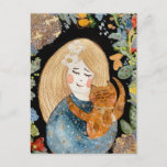 Watercolor blonde girl with ginger cat in flowers  postcard