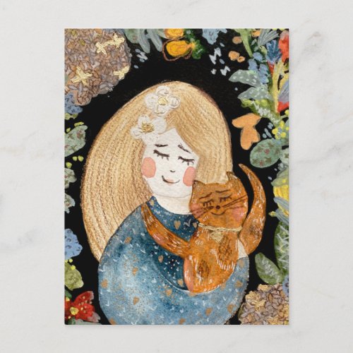 Watercolor blonde girl with ginger cat in flowers  postcard