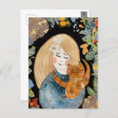 Watercolor blonde girl with ginger cat in flowers  postcard (Front/Back)