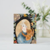 Watercolor blonde girl with ginger cat in flowers  postcard (Standing Front)