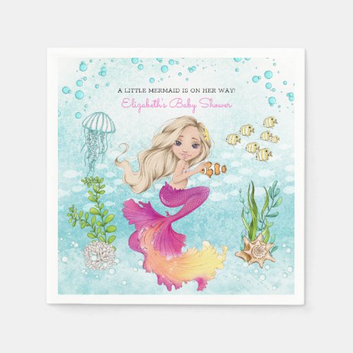 Watercolor Blonde Little Mermaid Birthday Napkins