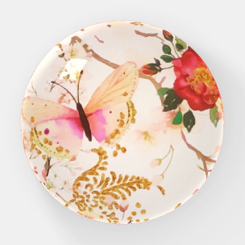 Watercolor Bloom Floral Buttefly Blush Glitter Paperweight