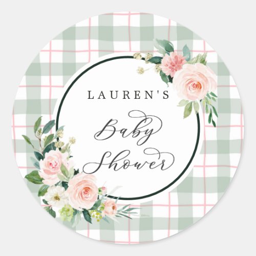 Watercolor Bloom  Pastel Plaid Baby Shower Classic Round Sticker